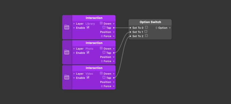 Connect the Tap output from each new [Interaction](../../documentation/patches/builtin.layer.interaction.html) patch to the next available [Option Switch](../../documentation/patches/builtin.indexSwitch.html) input.