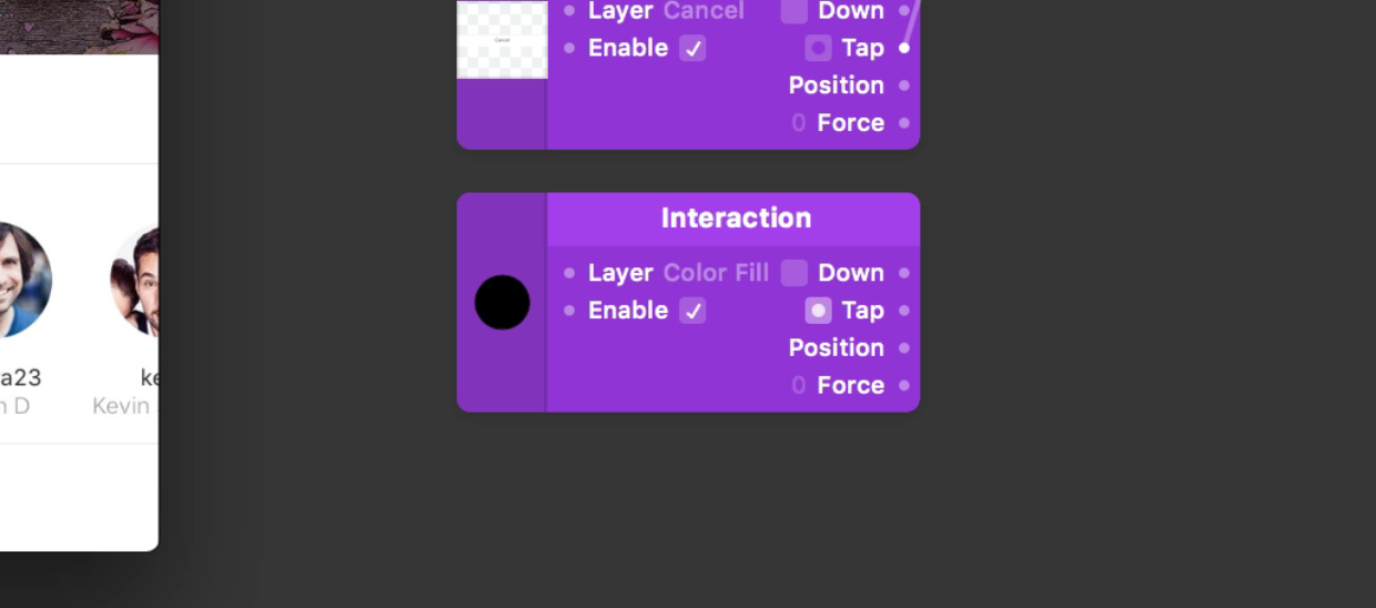 Keep an eye on the Down and Tap outputs of the [Interaction](../../documentation/patches/builtin.layer.interaction.html) patch whilst interacting with [Color Fill](../../documentation/patches/builtin.layer.fill.html).
