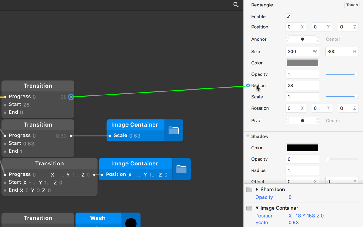 Connect the [Transition](../../documentation/patches/builtin.transition.html) output to the Radius property by clicking and dragging to the Layers panel.